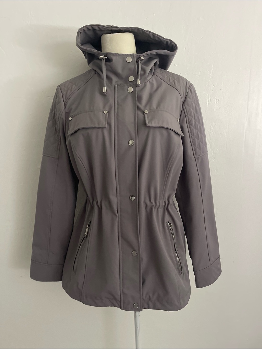 MICHAEL Michael Kors Hooded Cinch-Waist Utility Jacket - Gray